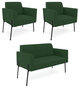 Sofá Namoradeira e 2 Poltronas Pé de Ferro Preto Marisa Veludo Verde