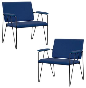 Kit 2 Poltronas Decorativas Base em Aço Preto Eslovenia Linho Azul Marinho G17 - Gran Belo