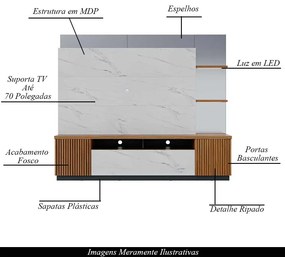 Estante Home Ripado 210cm com Espelho Melbourne Led Off White/Freijó G73 - Gran Belo