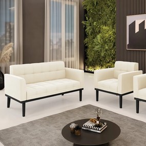 Conjunto Poltrona e Namoradeira Decorativa Karen Pés Fixo em Madeira Preto Veludo Bege G19 - Gran Belo