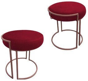 Puff Redondo Base Industrial Cobre Kit 2 Love Suede - Vermelho