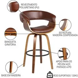 Kit 6 Banquetas Giratória Alta com Encosto Base Madeira Ravi R02 Sinté