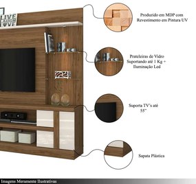 Home Theater Maxim Porta 2 Prateleiras Iluminação LED MDP até 55 Naturale/OffWhite G97 - Gran Belo