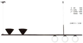Pendente Durness Retangular Misto 120X10X33Cm Com Globos Ø10Cm 03Xg9 E... (PRETO)