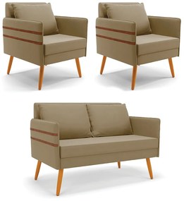 Kit 01 Namoradeira 02 Lugares e 02 Poltronas Mari Suede Pés Palito Castanho - D'Rossi - Marrom Rato