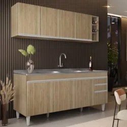 Armário Cozinha e Balcão Com Pia 180cm Dallas Castanho      - Lumil