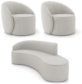 Sofá 4 Lugares Orgânico 220cm Morgan e 2 Poltronas Lua Veludo D03 - D'Rossi - Cinza