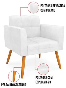 Kit 1 Sofá Namoradeira e 2 Poltronas Elisa Corano Pés Palito Castanho D03 - D'Rossi - Branco