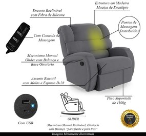 Poltrona do Papai Sala de Cinema Reclinável Kylie Glider Manual Giratória Massagem USB Veludo Cinza Grafite G23