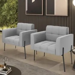 Poltrona Para Sala Pé Metal Preto Kit 2 Ana Suede Cinza - Ibiza