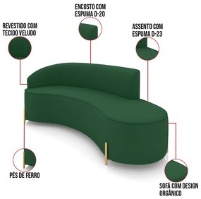 Sofá 4 Lugares Orgânico 220cm Pé Dourado Morgan Veludo D03 - D'Rossi - Verde