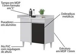 Balcão de Canto Reto com Tampo 1 Porta Denver Branco/Preto - Lumil