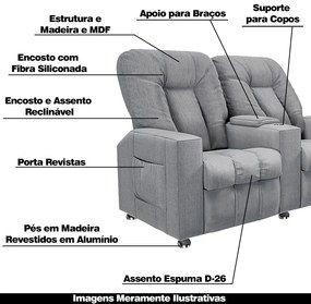 Poltrona Reclinável 2 Lugares para Sala de Cinema Pequim Linho Cinza G23 - Gran Belo