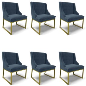 Cadeira Sala de Jantar Industrial Dourado Kit 6 Liz Suede D03 - D'Rossi - Azul Marinho