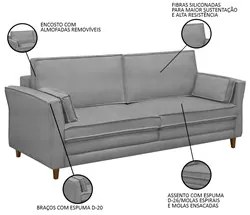 Sofá Living 3 Lugares 200cm Pés Madeira Efraim F05 Veludo Prata - Mpoz
