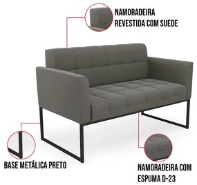 Kit 1 Sofá Namoradeira e 1 Poltrona Elisa Suede Grafite Base Metálica Industrial Preto D03 - D'Rossi
