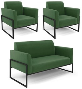 Sofá Namoradeira com 2 Poltronas Base Industrial Alta Preto Marisa Suede D03 - D'Rossi - Verde