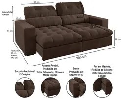 Sofá Retrátil e Reclinável 3 Lugares 200cm Viena A12 Suede Marrom - Mp