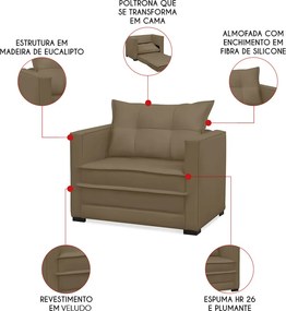 Poltrona Cama Retrátil Solteiro Milenni Veludo B03 - D'Rossi - Marrom Rato