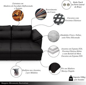 Sofá Retrátil Elétrico Sala de Estar Nolan Bipartido 339cm Conforto Premium em Couro Preto Brilho G58 - Gran Belo