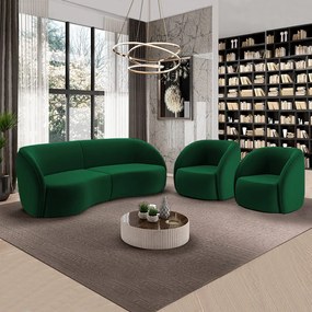 Conjunto Sofá Sala de Estar Bipartido 318cm e 2 Poltronas Clarke Veludo Verde G45 - Gran Belo