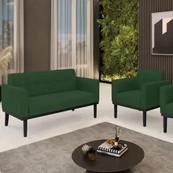 Sofá Namoradeira e 1 Poltrona Base Madeira Preto Ana Veludo Verde - Ib