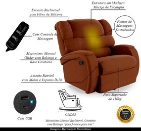 Poltrona do Papai Sala de Cinema Reclinável Kylie Glider Manual Giratória Massagem USB Veludo Terracota G23