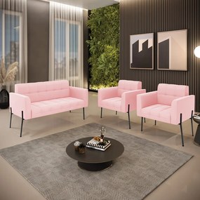 Sofá Namoradeira e 2 Poltronas Pé de Ferro Preto Elisa Suede D03 - D'Rossi - Rosa Bebê