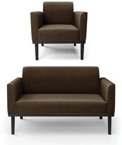 Sofá Namoradeira com Poltrona Base de Madeira Fixa Preto Marisa Suede  D03 - D'Rossi - Marrom
