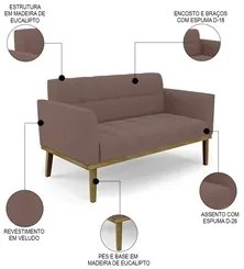 Sofá Namoradeira e 2 Poltronas Base Madeira Castanho Ana Veludo Rosê -