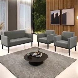 Sofá Namoradeira e 2 Poltronas Base Madeira Preto Maressa Suede Grafit