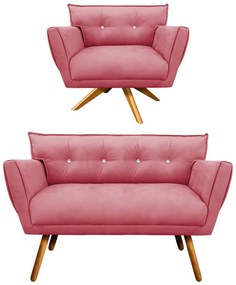 Kit 1 Namoradeira 2 Lugares e 1 Poltrona Giratória Anitta com Strass Suede Pés Palito Castanho - D'Rossi - Rose