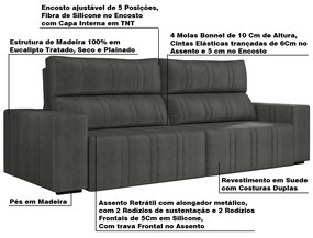 Sofá Retrátil 254 cm Sala de Estar Leonel Suede Grafite G52 - Gran Belo