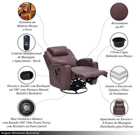Poltrona do Papai Reclinável Manual Vector Base Giratória Massagem Aquecimento e Porta Copos PU Marrom Chocolate G94 - Gran Belo