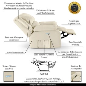 Poltrona do Papai Reclinável Sala de Cinema Madrid Elétrica Touch Massagem USB PU Bege  G23 - Gran Belo