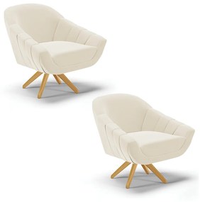 Kit 02 Poltronas Giratória Giovana Veludo Base Madeira MA30 - DRossi - Bege