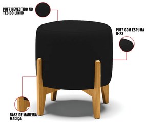 Puff Stella Linho Base Madeira Castanho - D'Rossi - A79 Preto