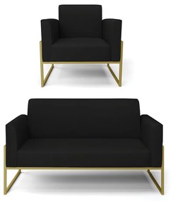 Sofá Namoradeira com Poltrona Base Industrial Alta Dourado Marisa Linho D03 - D'Rossi - A79 Preto