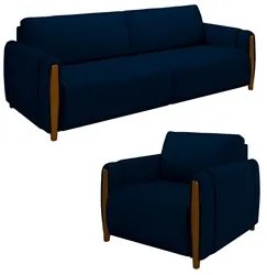 Conjunto Sofá 3 Lugares 223cm e Poltrona 98cm Amaranto M22 Veludo Azul