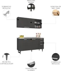 Armário de Cozinha CP01 Com Pia 150cm Pérola Z34 Preto      - Mpozenat