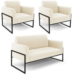Sofá Namoradeira com 2 Poltronas Base Industrial Alta Preto Marisa Veludo D03 - DRossi - Bege