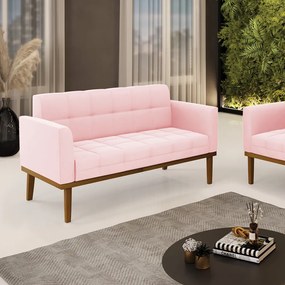 Sofá Namoradeira 2 Lugares Base de Madeira Castanho Elisa Suede D03 - DRossi - Rosa Bebê