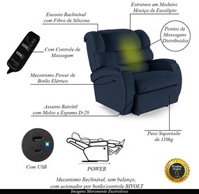 Poltrona do Papai Sala de Cinema Reclinável Kylie Power Elétrica Massagem USB PU Azul G23