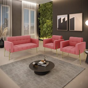 Sofá Namoradeira e 2 Poltronas Pé de Ferro Dourado Elisa Suede D03 - D'Rossi - Rose