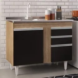Armário Aéreo Indiana e Balcão Gabinete 100cm com Pia Inox Luziania Ca