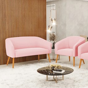 Sofá Namoradeira e Poltrona Pé Palito Castanho Stella Suede Rosa Bebê D03 - D'Rossi