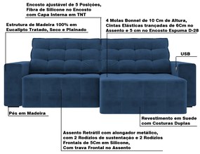 Sofá Retrátil com USB 274cm Elliot Suede Azul Marinho G52 - Gran Belo