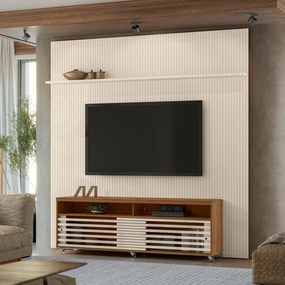 Painel TV 75 Pol 238cm Ripado Kalven com Rack Bancada Nerion M20 - D'Rossi - Naturale(fosco)/Off White(brilho)