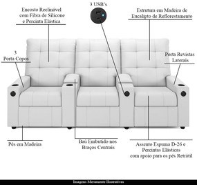 Poltrona Reclinável Para Cinema Parma 3 Lugares Baú USB PU F FH1 - D'Rossi - Branco
