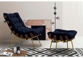 Puff Decorativo Sala de Estar Abel Base de Madeira Dourada Veludo Azul G41 - Gran Belo